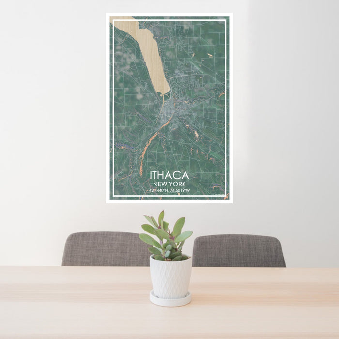 24x36 Ithaca New York Map Print Portrait Orientation in Afternoon Style Behind 2 Chairs Table and Potted Plant