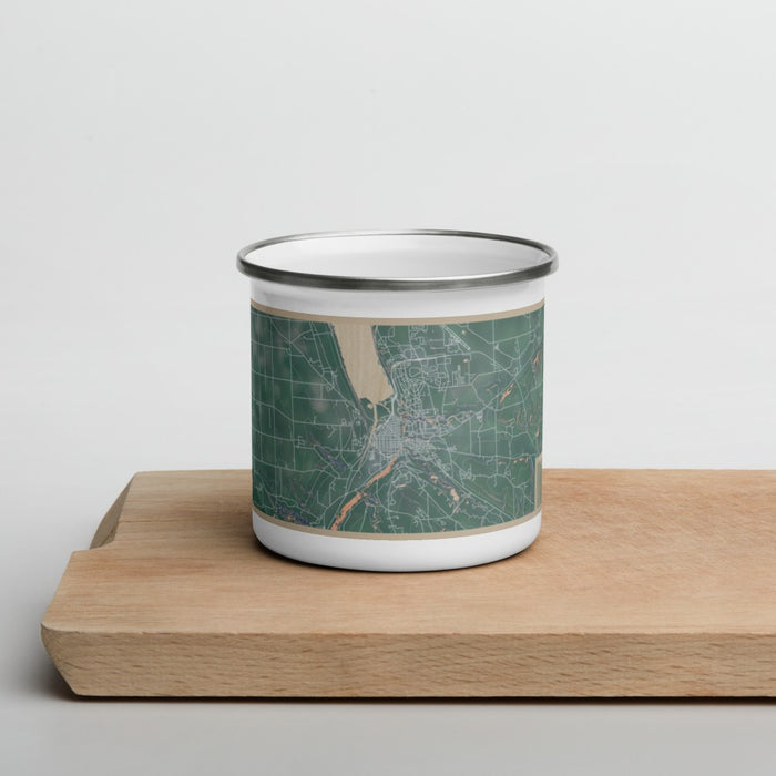 Front View Custom Ithaca New York Map Enamel Mug in Afternoon on Cutting Board