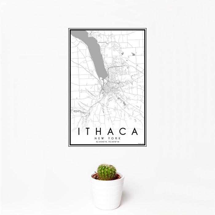 12x18 Ithaca New York Map Print Portrait Orientation in Classic Style With Small Cactus Plant in White Planter