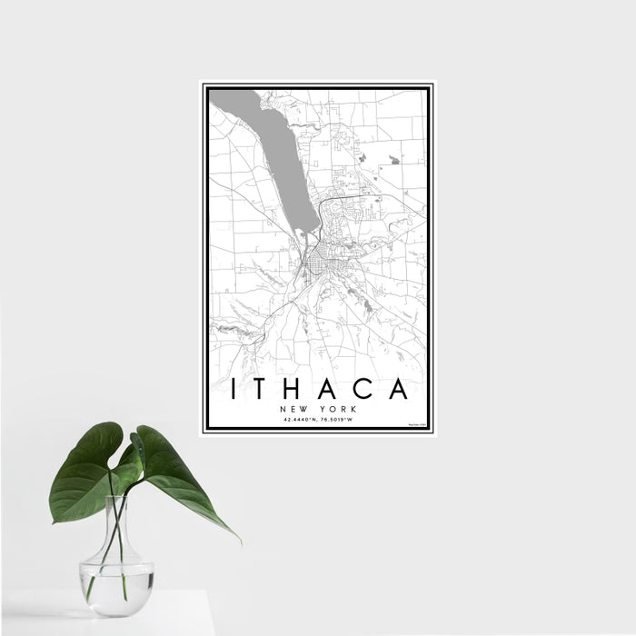 16x24 Ithaca New York Map Print Portrait Orientation in Classic Style With Tropical Plant Leaves in Water