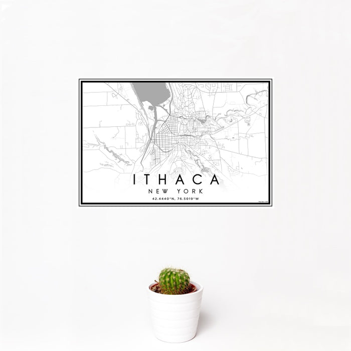 12x18 Ithaca New York Map Print Landscape Orientation in Classic Style With Small Cactus Plant in White Planter