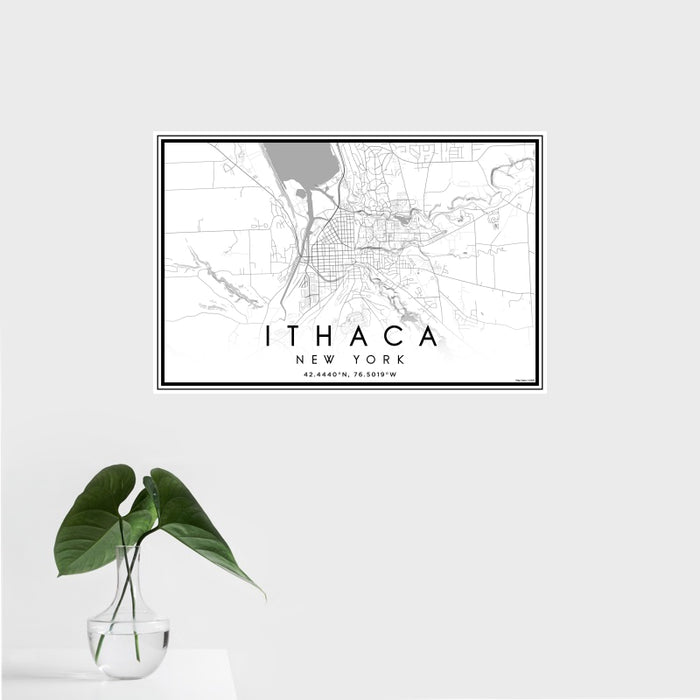 16x24 Ithaca New York Map Print Landscape Orientation in Classic Style With Tropical Plant Leaves in Water