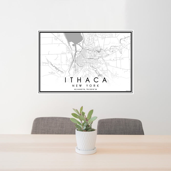 24x36 Ithaca New York Map Print Landscape Orientation in Classic Style Behind 2 Chairs Table and Potted Plant