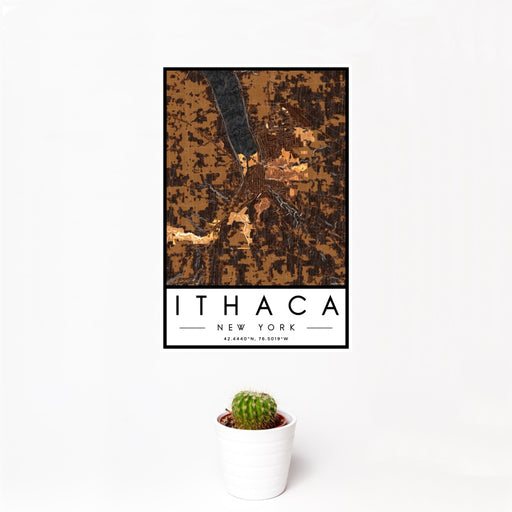 12x18 Ithaca New York Map Print Portrait Orientation in Ember Style With Small Cactus Plant in White Planter