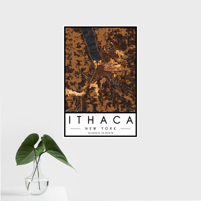 16x24 Ithaca New York Map Print Portrait Orientation in Ember Style With Tropical Plant Leaves in Water