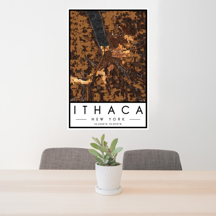 24x36 Ithaca New York Map Print Portrait Orientation in Ember Style Behind 2 Chairs Table and Potted Plant