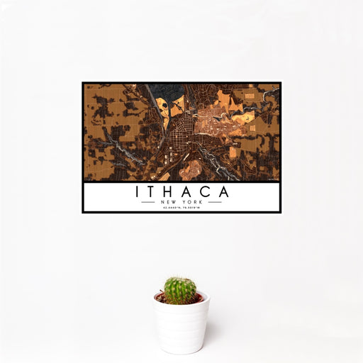12x18 Ithaca New York Map Print Landscape Orientation in Ember Style With Small Cactus Plant in White Planter
