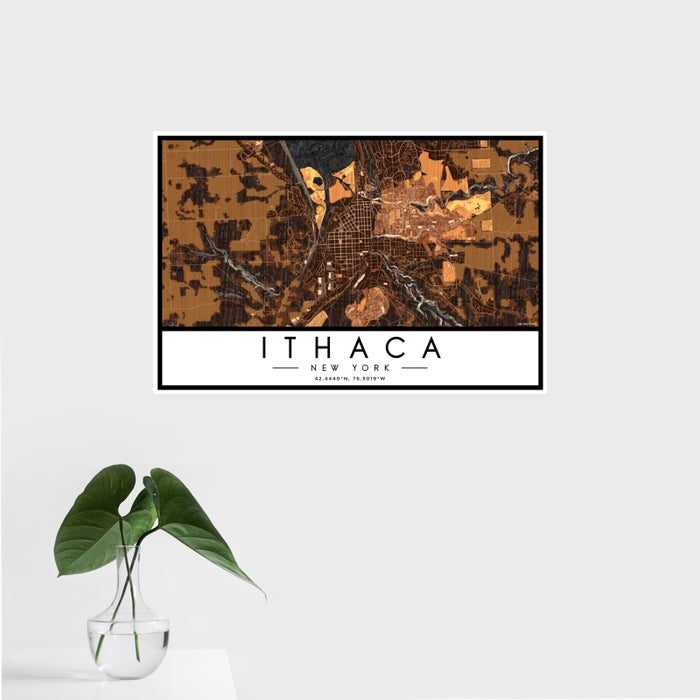 16x24 Ithaca New York Map Print Landscape Orientation in Ember Style With Tropical Plant Leaves in Water