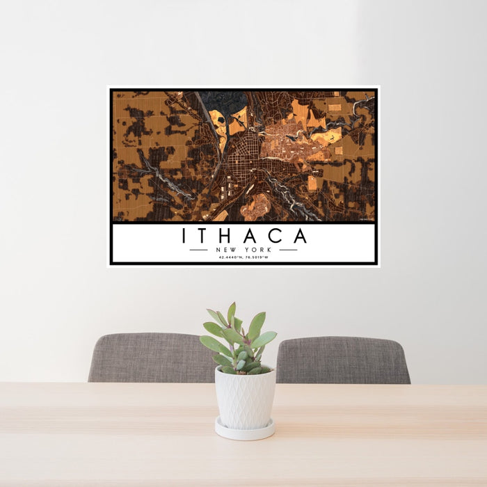 24x36 Ithaca New York Map Print Landscape Orientation in Ember Style Behind 2 Chairs Table and Potted Plant