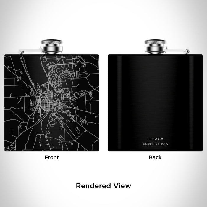 Rendered View of Ithaca New York Map Engraving on 6oz Stainless Steel Flask in Black