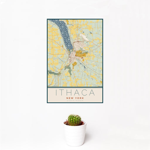 12x18 Ithaca New York Map Print Portrait Orientation in Woodblock Style With Small Cactus Plant in White Planter