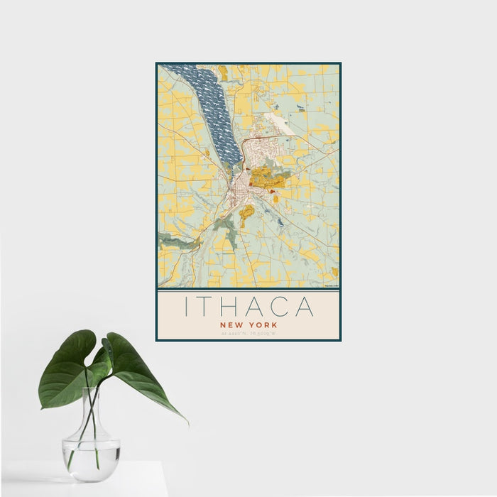 16x24 Ithaca New York Map Print Portrait Orientation in Woodblock Style With Tropical Plant Leaves in Water