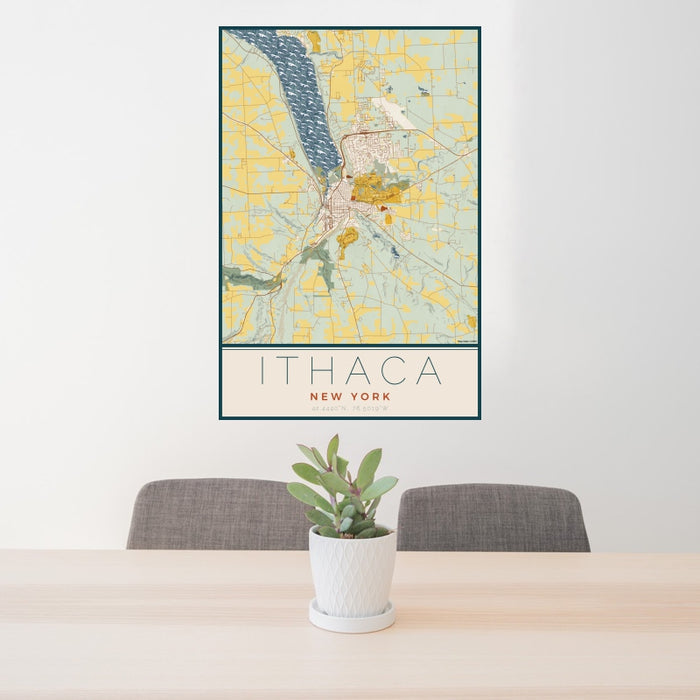 24x36 Ithaca New York Map Print Portrait Orientation in Woodblock Style Behind 2 Chairs Table and Potted Plant