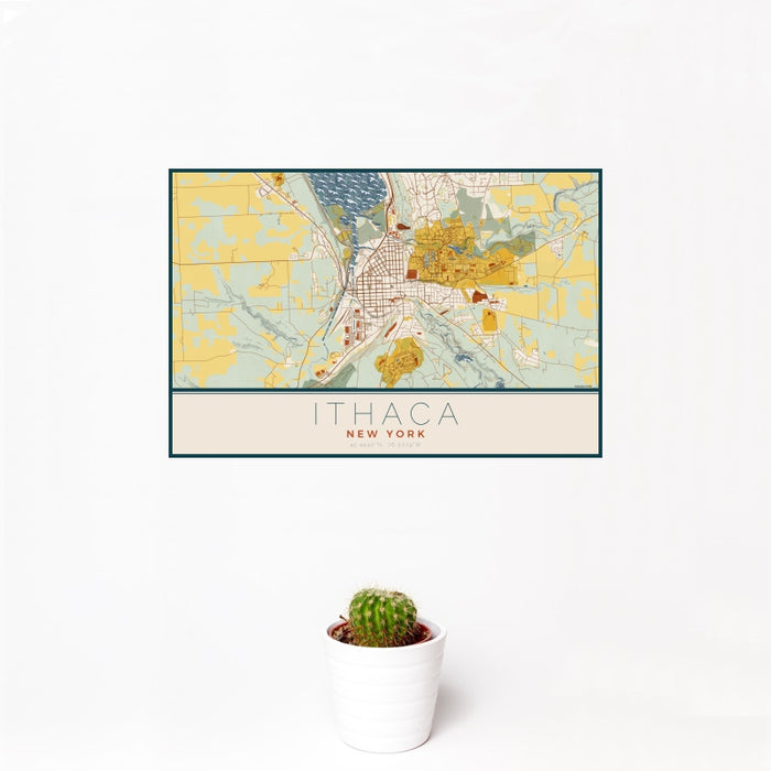 12x18 Ithaca New York Map Print Landscape Orientation in Woodblock Style With Small Cactus Plant in White Planter