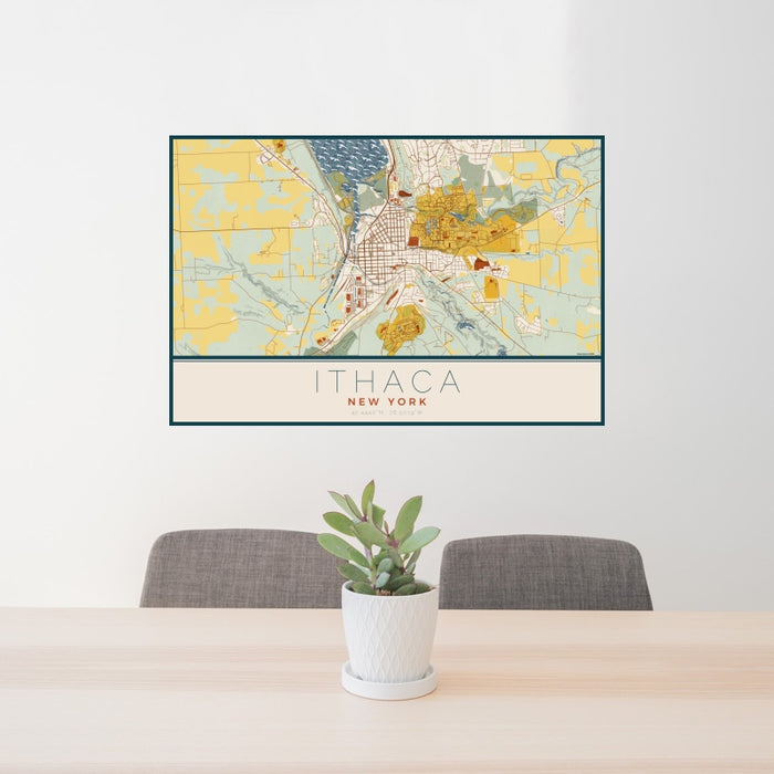 24x36 Ithaca New York Map Print Landscape Orientation in Woodblock Style Behind 2 Chairs Table and Potted Plant