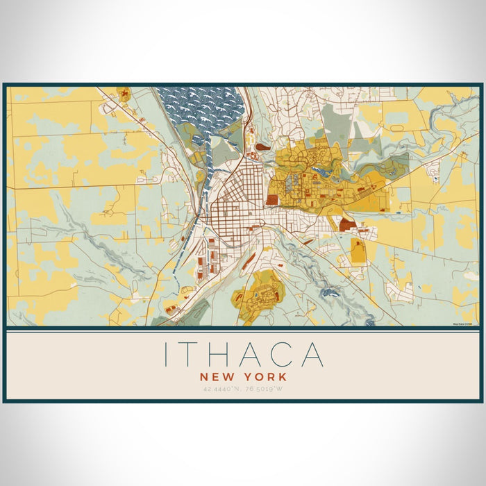 Ithaca New York Map Print Landscape Orientation in Woodblock Style With Shaded Background