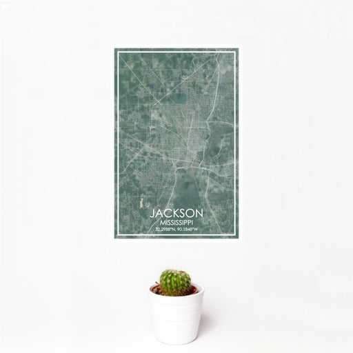 12x18 Jackson Mississippi Map Print Portrait Orientation in Afternoon Style With Small Cactus Plant in White Planter