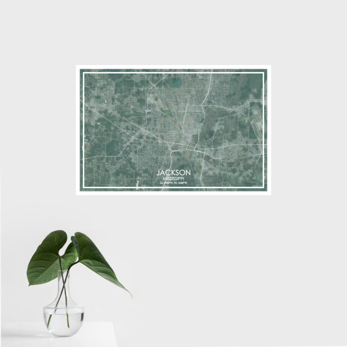 16x24 Jackson Mississippi Map Print Landscape Orientation in Afternoon Style With Tropical Plant Leaves in Water