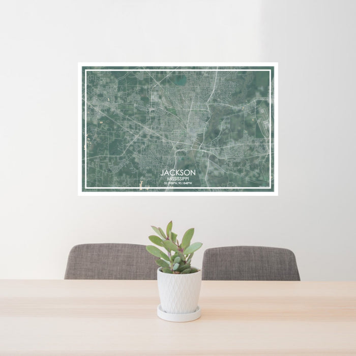 24x36 Jackson Mississippi Map Print Lanscape Orientation in Afternoon Style Behind 2 Chairs Table and Potted Plant