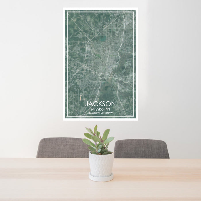 24x36 Jackson Mississippi Map Print Portrait Orientation in Afternoon Style Behind 2 Chairs Table and Potted Plant
