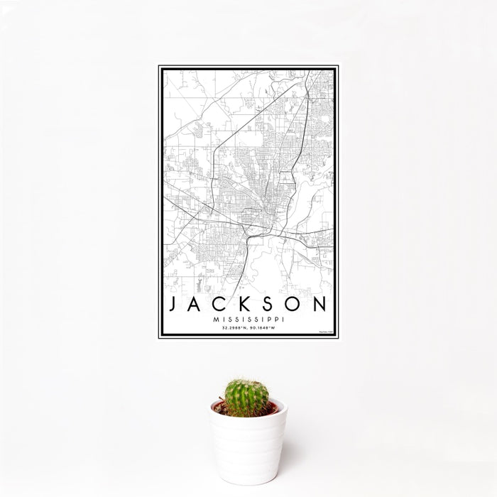 12x18 Jackson Mississippi Map Print Portrait Orientation in Classic Style With Small Cactus Plant in White Planter