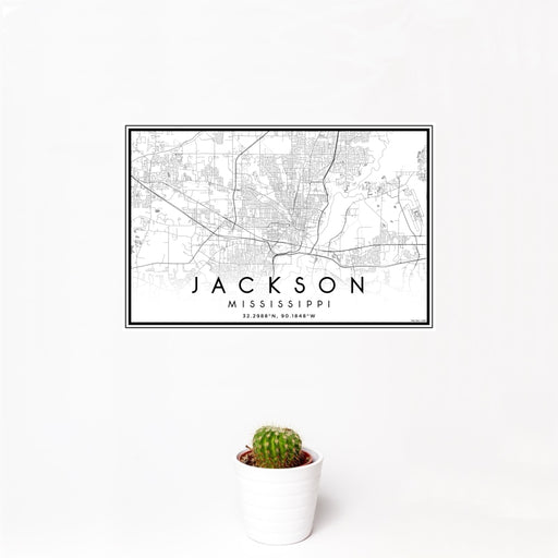 12x18 Jackson Mississippi Map Print Landscape Orientation in Classic Style With Small Cactus Plant in White Planter