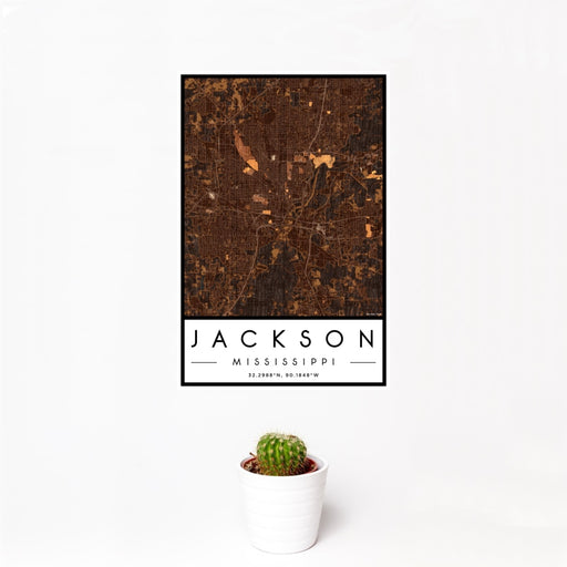 12x18 Jackson Mississippi Map Print Portrait Orientation in Ember Style With Small Cactus Plant in White Planter