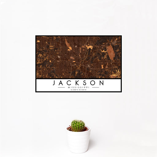 12x18 Jackson Mississippi Map Print Landscape Orientation in Ember Style With Small Cactus Plant in White Planter