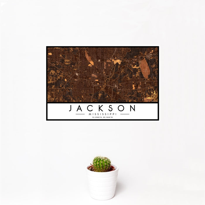 12x18 Jackson Mississippi Map Print Landscape Orientation in Ember Style With Small Cactus Plant in White Planter