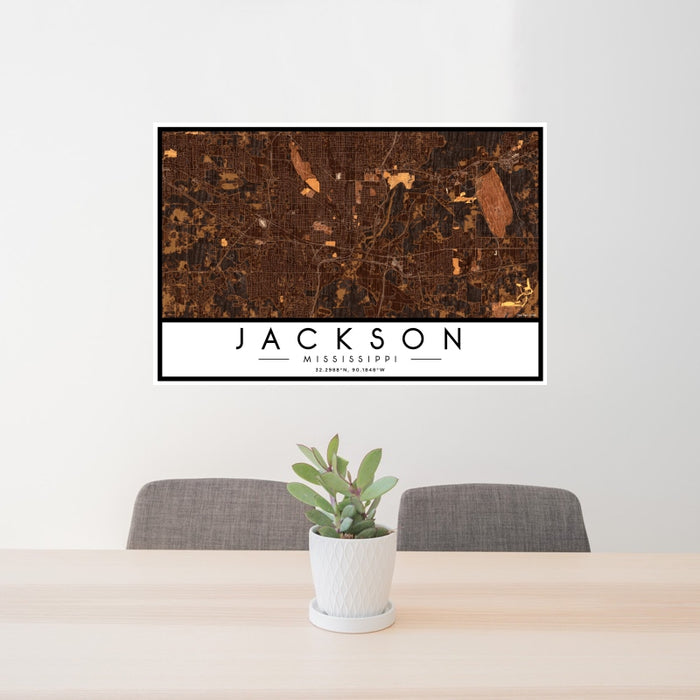 24x36 Jackson Mississippi Map Print Landscape Orientation in Ember Style Behind 2 Chairs Table and Potted Plant