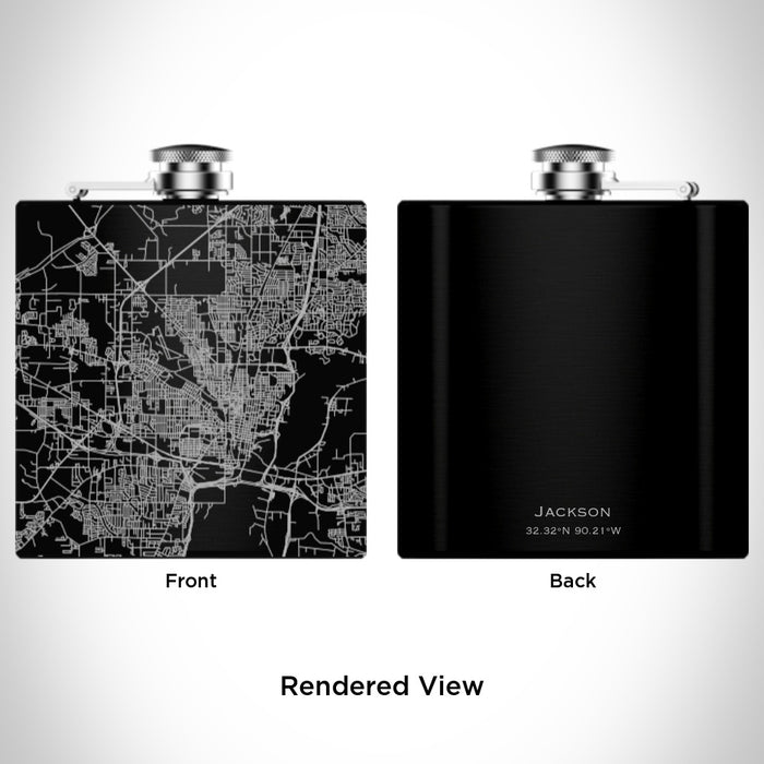 Rendered View of Jackson Mississippi Map Engraving on 6oz Stainless Steel Flask in Black