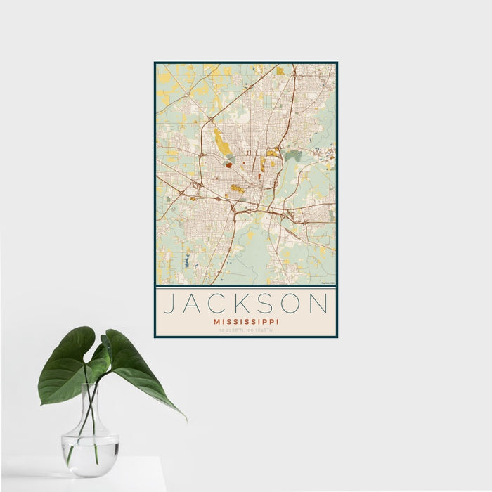 16x24 Jackson Mississippi Map Print Portrait Orientation in Woodblock Style With Tropical Plant Leaves in Water