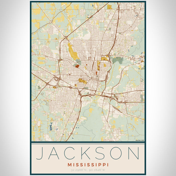 Jackson Mississippi Map Print Portrait Orientation in Woodblock Style With Shaded Background