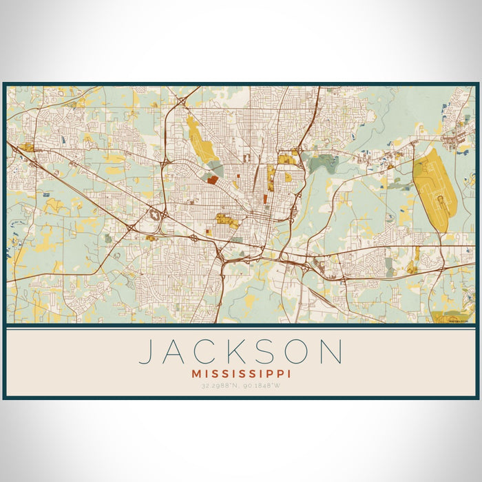 Jackson Mississippi Map Print Landscape Orientation in Woodblock Style With Shaded Background