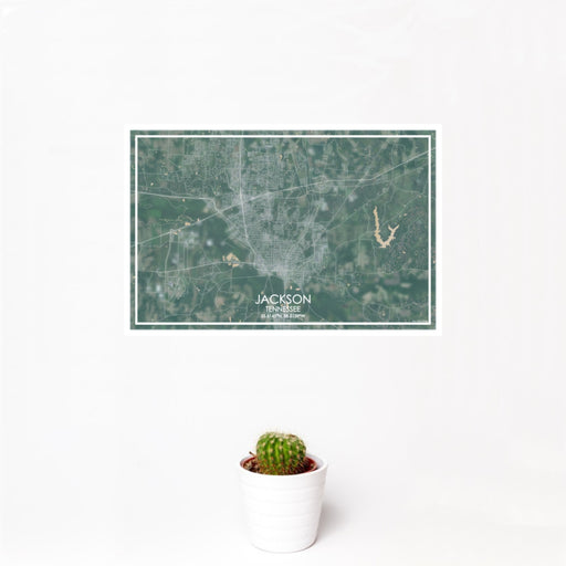 12x18 Jackson Tennessee Map Print Landscape Orientation in Afternoon Style With Small Cactus Plant in White Planter