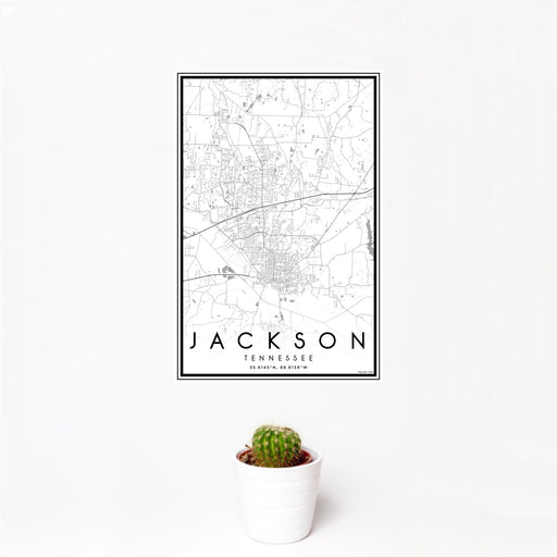 12x18 Jackson Tennessee Map Print Portrait Orientation in Classic Style With Small Cactus Plant in White Planter