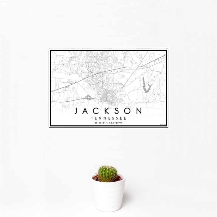 12x18 Jackson Tennessee Map Print Landscape Orientation in Classic Style With Small Cactus Plant in White Planter