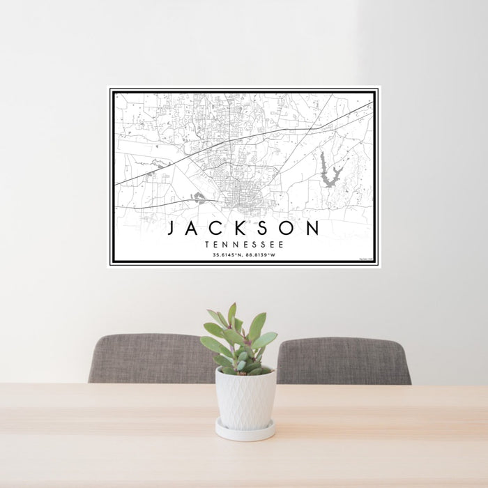 24x36 Jackson Tennessee Map Print Landscape Orientation in Classic Style Behind 2 Chairs Table and Potted Plant