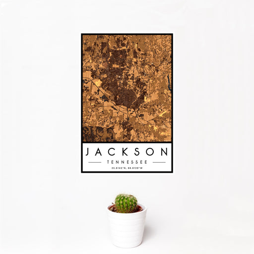 12x18 Jackson Tennessee Map Print Portrait Orientation in Ember Style With Small Cactus Plant in White Planter