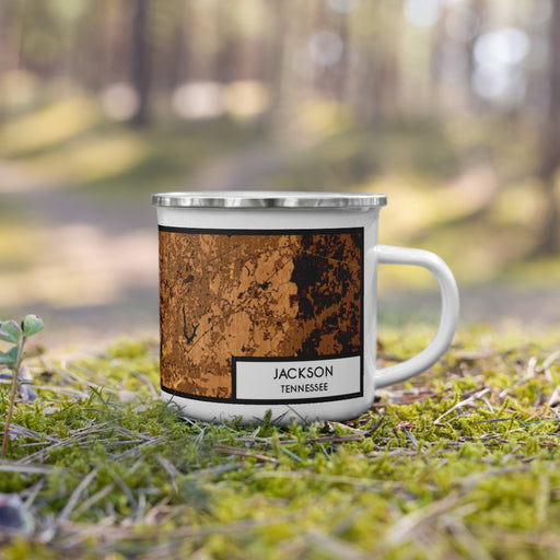 Right View Custom Jackson Tennessee Map Enamel Mug in Ember on Grass With Trees in Background