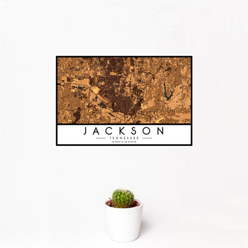 12x18 Jackson Tennessee Map Print Landscape Orientation in Ember Style With Small Cactus Plant in White Planter