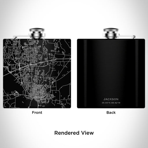 Rendered View of Jackson Tennessee Map Engraving on 6oz Stainless Steel Flask in Black