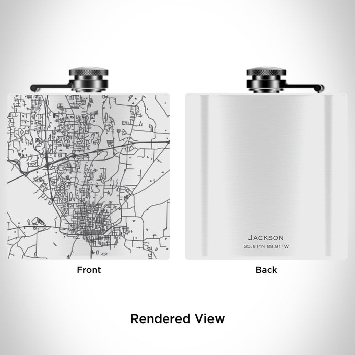 Rendered View of Jackson Tennessee Map Engraving on 6oz Stainless Steel Flask in White
