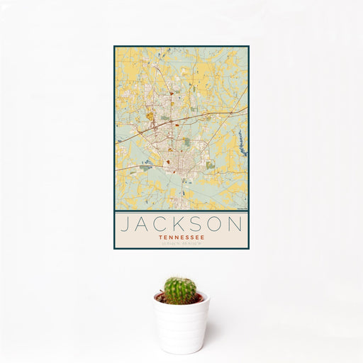 12x18 Jackson Tennessee Map Print Portrait Orientation in Woodblock Style With Small Cactus Plant in White Planter
