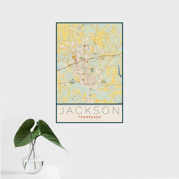 16x24 Jackson Tennessee Map Print Portrait Orientation in Woodblock Style With Tropical Plant Leaves in Water