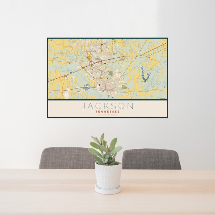 24x36 Jackson Tennessee Map Print Landscape Orientation in Woodblock Style Behind 2 Chairs Table and Potted Plant