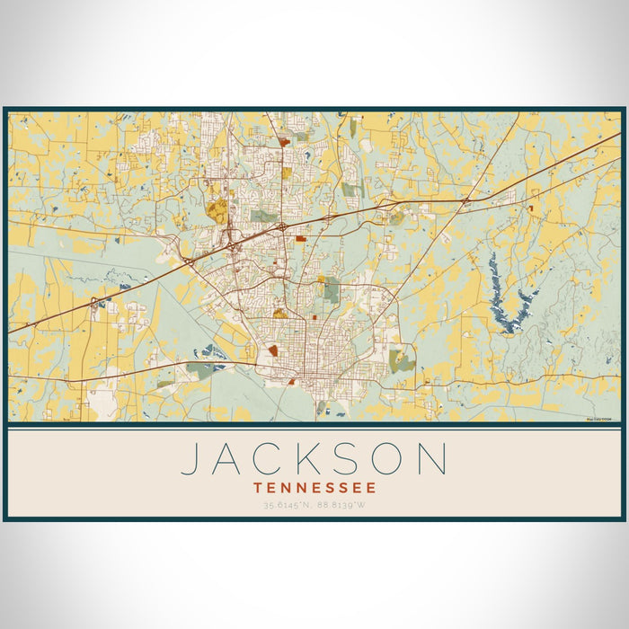 Jackson Tennessee Map Print Landscape Orientation in Woodblock Style With Shaded Background