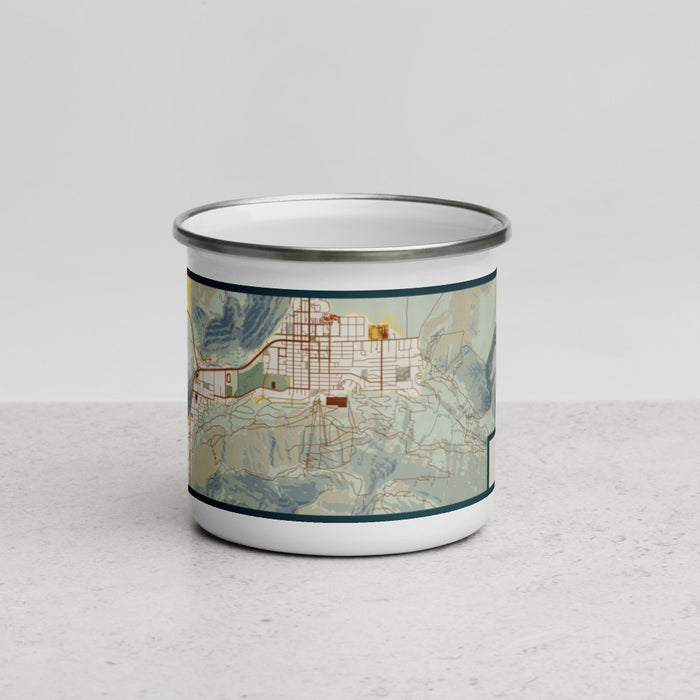 Front View Custom Jackson Wyoming Map Enamel Mug in Woodblock