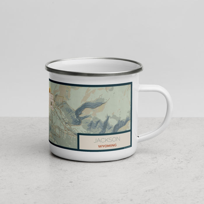 Right View Custom Jackson Wyoming Map Enamel Mug in Woodblock