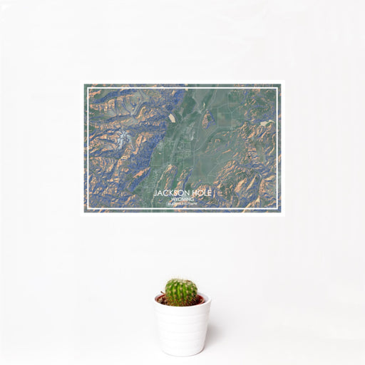 12x18 Jackson Hole Wyoming Map Print Landscape Orientation in Afternoon Style With Small Cactus Plant in White Planter